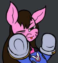 Size: 876x952 | Tagged: safe, artist:slitherkitty, pony, crossover, d.va, looking at you, one eye closed, overwatch, ponified, solo, tongue out, whisker markings