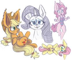 Size: 1280x1067 | Tagged: safe, artist:heir-of-rick, applejack, fluttershy, pinkie pie, rarity, anthro, unguligrade anthro, g4, alternative cutie mark placement, banjo, breasts, busty pinkie pie, clothes, cute, facial cutie mark, female, impossibly large ears, midriff cutie mark, musical instrument, one-piece swimsuit, sketch, swimsuit