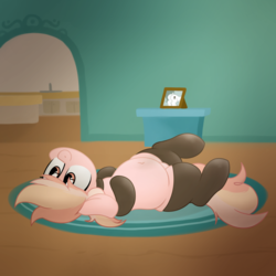 Size: 2500x2500 | Tagged: safe, artist:hattsy, artist:quarantinedchaoz, oc, oc only, oc:hattsy, oc:strawberry jam, pony, belly button, butt, chubby, clothes, fat, high res, lying down, on back, picture, plot, plump, rug, smiling, socks