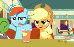 Size: 1110x711 | Tagged: safe, edit, edited screencap, screencap, applejack, rainbow dash, oc, oc:anon, g4, the saddle row review, /mlp/, 1000 hours in ms paint, discovery family logo, ms paint