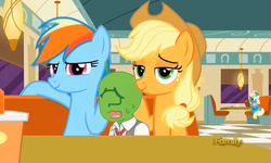 Size: 728x437 | Tagged: safe, edit, edited screencap, screencap, applejack, honey curls, mare e. lynn, rainbow dash, oc, oc:anon, g4, the saddle row review, /mlp/, 1000 hours in ms paint, discovery family logo, kid anon, ms paint, nervous, stranger danger, wavy mouth