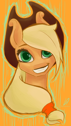 Size: 1500x2650 | Tagged: safe, artist:thegraid, applejack, g4, bust, female, grin, looking at you, portrait, simple background, solo