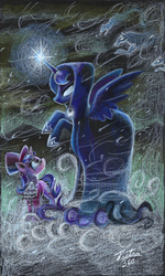 Size: 1024x1703 | Tagged: safe, artist:tsitra360, princess luna, snowfall frost, spirit of hearth's warming yet to come, starlight glimmer, a hearth's warming tail, g4, blizzard, cloak, clothes, duo, glasses, glowing eyes, glowing horn, hat, horn, scene interpretation, signature, snow, snowfall, top hat, traditional art
