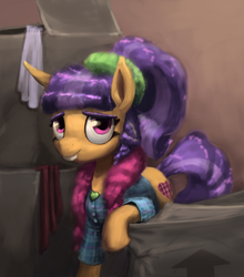 Size: 884x1004 | Tagged: safe, artist:bakuel, plaid stripes, pony, g4, the saddle row review, box, boxes, bucktooth, clothes, cute, eyelashes, female, leaning, looking at you, plaidabetes, raised hoof, smiling, solo