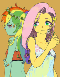 Size: 600x776 | Tagged: safe, artist:wakahiko, fluttershy, rainbow dash, human, g4, female, flower, flower in hair, humanized, lesbian, pixiv, ship:flutterdash, shipping