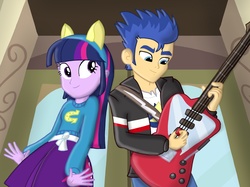 Size: 2732x2048 | Tagged: safe, artist:skyfallerart, flash sentry, twilight sparkle, equestria girls, g4, female, guitar, high res, humanized, male, ship:flashlight, shipping, straight