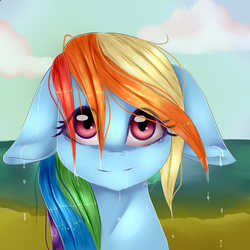 Size: 3000x3000 | Tagged: safe, artist:sugartool, rainbow dash, g4, beach, female, floppy ears, high res, solo, wet mane