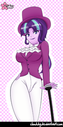 Size: 401x800 | Tagged: safe, artist:clouddg, snowfall frost, starlight glimmer, a hearth's warming tail, equestria girls, g4, big breasts, breasts, busty starlight glimmer, clothes, equestria girls-ified, female, hat, looking at you, pants, snowfall breast, solo, top hat