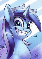 Size: 648x900 | Tagged: safe, artist:tsitra360, minuette, pony, unicorn, g4, bust, female, grin, mare, portrait, solo, teeth