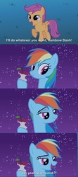 Size: 2732x6148 | Tagged: safe, screencap, rainbow dash, scootaloo, g4, owl's well that ends well, season 1, absurd resolution, caption, eager, female, filly, happy, lidded eyes, mare, out of context, screencap comic