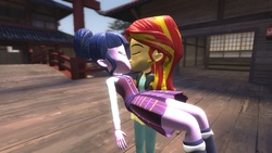 Size: 1360x768 | Tagged: safe, artist:mk513, sci-twi, sunset shimmer, twilight sparkle, equestria girls, g4, 3d, bridal carry, carrying, female, gmod, kissing, lesbian, ship:sci-twishimmer, ship:sunsetsparkle, shipping