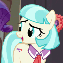 Size: 720x720 | Tagged: safe, screencap, coco pommel, rarity, earth pony, pony, g4, made in manehattan, animated, cocobetes, cute, female, grin, mare, smiling, solo focus, wink