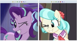 Size: 511x276 | Tagged: safe, coco pommel, starlight glimmer, derpibooru, g4, exploitable meme, juxtaposition, juxtaposition win, meme, meta, wink