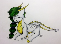 Size: 2300x1685 | Tagged: safe, artist:sweesear, oc, oc only, dracony, dragon, hybrid, eyes closed, green hair, horn, horns, simple background, solo, species swap, traditional art, wings