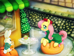 Size: 2000x1500 | Tagged: safe, artist:telimbo, angel bunny, fluttershy, g4, cafe, cake, clothes, food, juice, paris, sweater, sweatershy