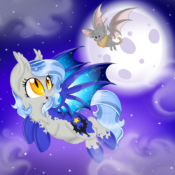 Size: 1024x1024 | Tagged: safe, artist:pvrii, oc, oc only, oc:midnight radiance, bat, bat pony, pony, flying, moon, night, watermark