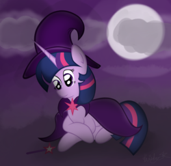 Size: 972x944 | Tagged: safe, artist:kristysk, twilight sparkle, g4, cape, clothes, female, hat, magic wand, moon, night, prone, solo, witch hat