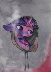 Size: 2372x3374 | Tagged: safe, artist:rinioshi, twilight sparkle, g4, bust, cigarette, female, floppy ears, high res, hood, smoking, solo, traditional art, watercolor painting