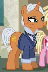 Size: 393x592 | Tagged: safe, screencap, bleeding heart, starke kragen, g4, my little pony: friendship is magic, the saddle row review, karl lagerfeld, smiling, solo focus