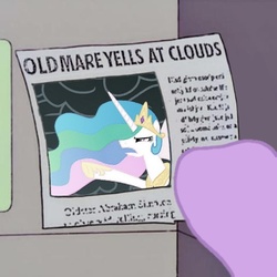 Size: 477x477 | Tagged: safe, princess celestia, twilight sparkle, g4, female, male, meme, newspaper, old man yells at cloud, simpsons did it, solo, the simpsons