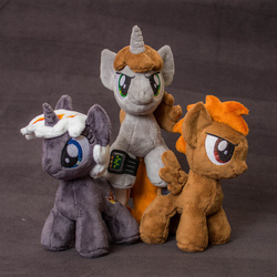 Size: 894x894 | Tagged: safe, artist:valmiiki, oc, oc only, oc:calamity, oc:littlepip, oc:velvet remedy, pegasus, pony, unicorn, fallout equestria, fanfic, female, horn, irl, male, mare, photo, pipbuck, plushie, stallion, wings