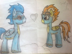 Size: 1024x768 | Tagged: safe, artist:lizethehedgehog, soarin', spitfire, g4, pair, ship:soarinfire, shipping, straight, traditional art
