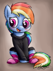 Size: 3000x4000 | Tagged: safe, artist:pucksterv, rainbow dash, pony, g4, blushing, clothes, female, high res, hoodie, socks, solo, striped socks