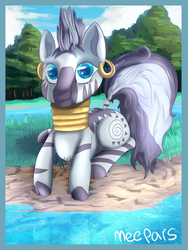 Size: 1024x1365 | Tagged: safe, artist:meepars, zecora, zebra, g4, female, forest, river, solo