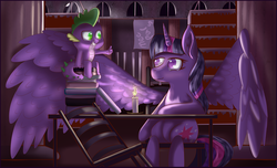 Size: 1024x623 | Tagged: safe, artist:meepars, spike, twilight sparkle, alicorn, pony, g4, candle, duo, female, impossibly large wings, mare, twilight sparkle (alicorn)