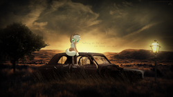 Size: 1920x1080 | Tagged: safe, artist:dashiesparkle, artist:minhbuinhat99, applejack, earth pony, pony, g4, car, female, glowing, irl, junk, lyrics, mare, photo, ponies in real life, sitting, song reference, streetlight, sunset, text, tree, vector, wallpaper