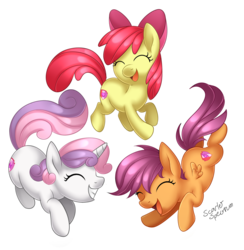 Size: 1285x1314 | Tagged: safe, artist:scarlet-spectrum, apple bloom, scootaloo, sweetie belle, g4, adorabloom, cute, cutealoo, cutie mark crusaders, diasweetes, eyes closed, open mouth, signature, simple background, the cmc's cutie marks, transparent background, trio