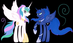 Size: 1024x607 | Tagged: safe, artist:bewarethemusicman, princess celestia, princess luna, g4, angry, frown, raised hoof, spread wings, unamused