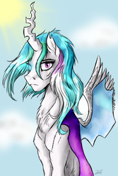 Size: 600x900 | Tagged: safe, artist:shimazun, princess celestia, changeling, g4, changelingified, chest fluff, female, princess chryslestia, scar, sitting, solo, species swap, spread wings