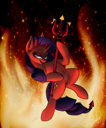 Size: 3000x3600 | Tagged: safe, artist:xxmarkingxx, rarity, g4, the saddle row review, bedroom eyes, devil rarity, fangs, female, fire, hell, high res, horns, shoulder devil, solo, trident