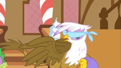 Size: 1100x618 | Tagged: safe, screencap, gilda, spike, griffon, g4, griffon the brush off, blindfold