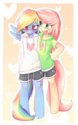Size: 1500x2400 | Tagged: safe, artist:hoodie, fluttershy, rainbow dash, pegasus, semi-anthro, g4, arm hooves, bipedal, blushing, clothes, cute, cutie mark, cutie mark on clothes, dashabetes, digital art, duo, duo female, female, gradient background, heart, hoodie, lesbian, ship:flutterdash, shipping, shorts, shyabetes, sweater, sweatershy, yellow background