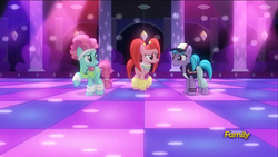 Size: 1920x1080 | Tagged: safe, screencap, azure velour, flashdancer, pacific glow, earth pony, pony, g4, the saddle row review, clothes, dance floor, disappointed, disco, discovery family logo, female, hat, jewelry, leg warmers, mare, necklace, poofy mane, pouting, raised eyebrow, raised hoof