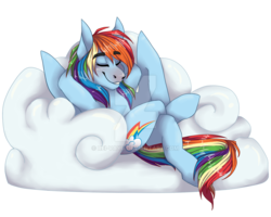 Size: 1024x819 | Tagged: safe, artist:fluffyrainbowsheep, rainbow dash, g4, cloud, eyes closed, female, scene interpretation, sitting, solo, watermark