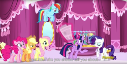 Size: 1920x970 | Tagged: safe, screencap, applejack, fluttershy, pinkie pie, rainbow dash, rarity, twilight sparkle, alicorn, pony, g4, the saddle row review, discovery family logo, female, mane six, mare, meme, twilight sparkle (alicorn), youtube, youtube caption