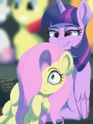 Size: 600x800 | Tagged: safe, artist:grissaecrim, fluttershy, twilight sparkle, alicorn, pony, g4, newbie dash, female, hair over one eye, lidded eyes, mare, scene interpretation, twilight sparkle (alicorn)