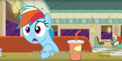 Size: 1920x970 | Tagged: safe, screencap, honey curls, mare e. lynn, rainbow dash, g4, the saddle row review, discovery family logo, meme, omaha, youtube caption