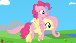 Size: 3840x2160 | Tagged: safe, artist:waveywaves, fluttershy, pinkie pie, g4, female, flying, high res, lesbian, ship:flutterpie, shipping, vector