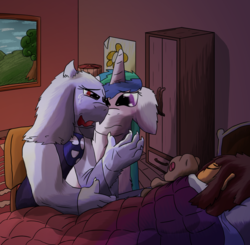 Size: 1024x1002 | Tagged: safe, artist:firefanatic, princess celestia, g4, bed, crossover, crying, frisk, sleeping, toriel, undertale