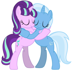Size: 7017x6852 | Tagged: safe, artist:ramseybrony17, starlight glimmer, trixie, pony, unicorn, g4, absurd resolution, bipedal, cute, duo, eyes closed, female, hilarious in hindsight, hug, implied lesbian, lesbian, mare, s5 starlight, ship:startrix, shipping, simple background, transparent background, vector