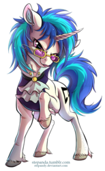Size: 778x1267 | Tagged: safe, artist:stepandy, dj pon-3, vinyl scratch, pony, unicorn, a hearth's warming tail, g4, clothes, curved horn, ear fluff, female, glasses, horn, looking at you, mare, raised hoof, signature, simple background, solo, tongue out, transparent background, unshorn fetlocks, victorian, victrola scratch, watermark