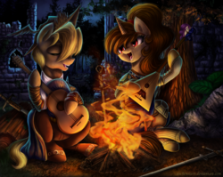 Size: 1600x1271 | Tagged: safe, artist:aschenstern, oc, oc only, oc:ariel radiance, oc:katya ironstead, alicorn, pony, alicorn oc, armor, balalaika, bonfire, campfire, commission, crossover, dark souls, eyes closed, fire, forest, guitar, mandolin, musical instrument, night sky, open mouth, playing, red eyes, singing, sitting, sword, warrior, weapon, zweihander