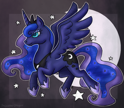 Size: 1024x891 | Tagged: safe, artist:theleatherdragoni, princess luna, g4, female, flying, moon, solo