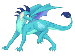 Size: 1000x750 | Tagged: safe, artist:dedonnerwolke, princess ember, rarity, dragon, g4, gauntlet of fire, all fours, cutie mark, dragoness, dragonified, female, simple background, solo, species swap, surprised, transparent background