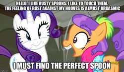 Size: 800x467 | Tagged: safe, edit, edited screencap, screencap, plaid stripes, rarity, earth pony, pony, unicorn, g4, the saddle row review, butt, caption, female, image macro, mare, meme, plot, salad fingers, wide eyes