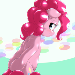 Size: 1000x1000 | Tagged: dead source, safe, artist:ushiro no kukan, pinkie pie, earth pony, pony, g4, bedroom eyes, bipedal, cute, diapinkes, female, floppy ears, hooves behind back, looking back, smiling, solo